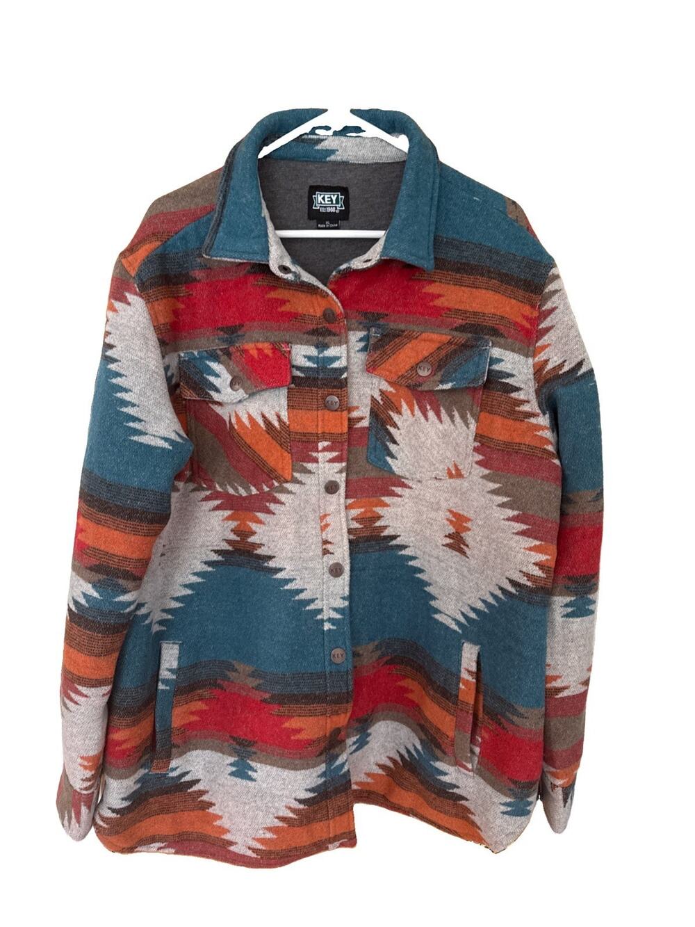 New Key Women Aztec Print Jacket Retro Button Pocketed Tribal Polyester XL